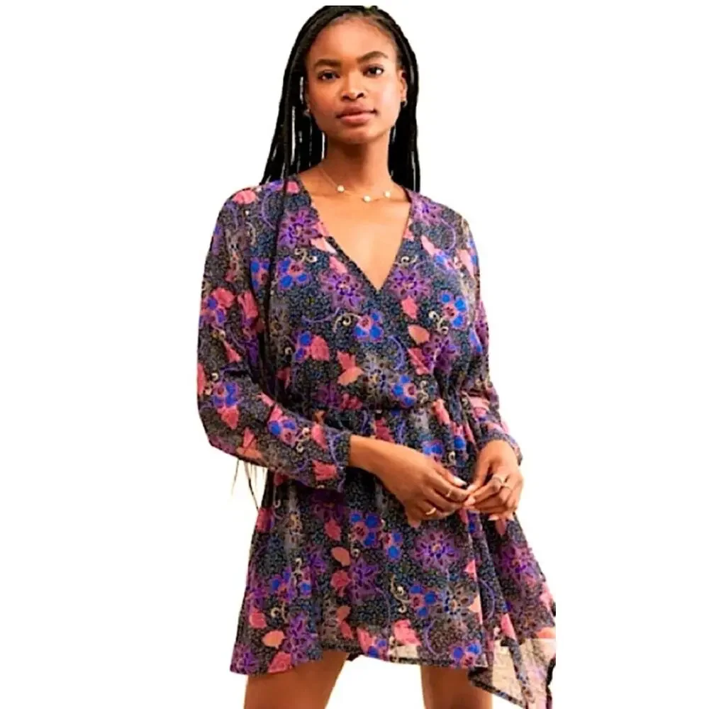 FREE PEOPLE TEEGAN MINI DRESS IN TWILIGHT COMBO FAUX WRAP LONG SLEEVES BOHO-NEW